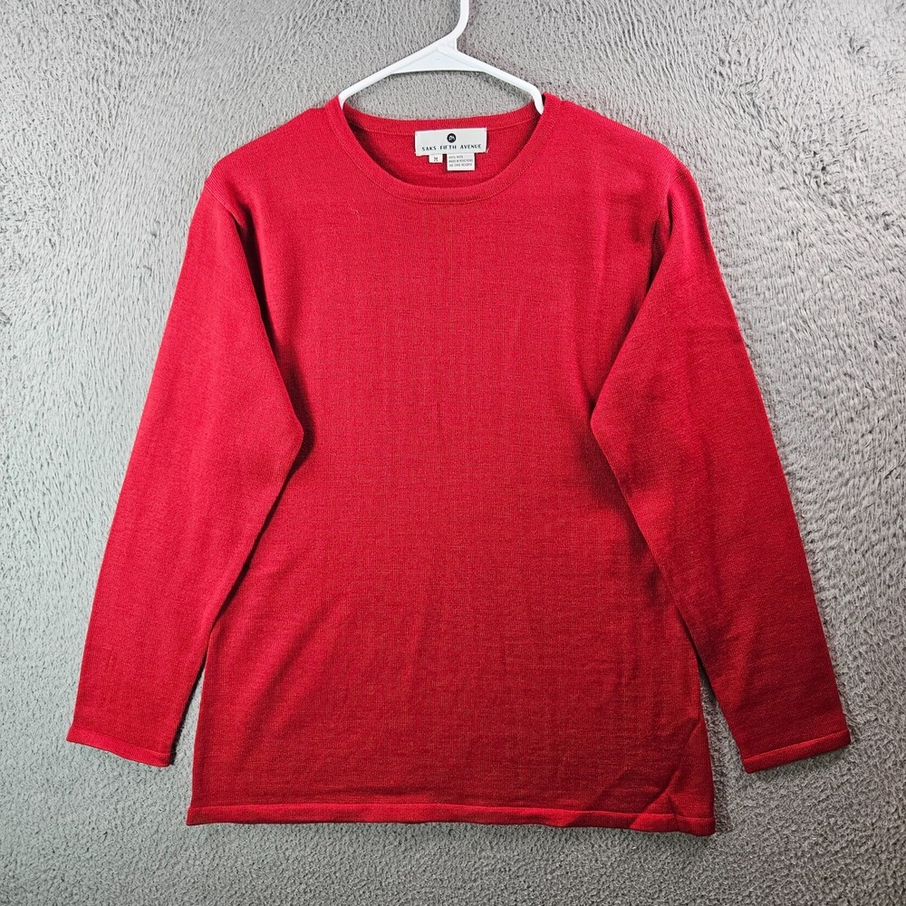 NEW VTG Saks Fifth Avenue 100% Wool Top Women Medium Long Sleeve Stretch Red